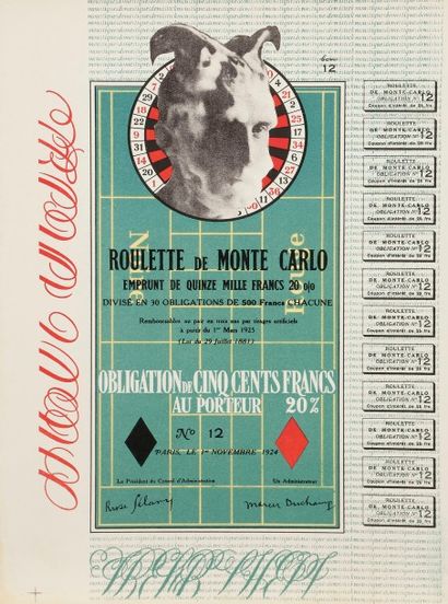 Marcel Duchamp (1887-1968) Obligations pour la roulette de Monte-Carlo. 1938. Lithographie...
