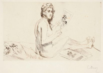 Ernest Duez (1843-1896) Jeune fille nue regardant des estampes japonaises. Vers 1890....