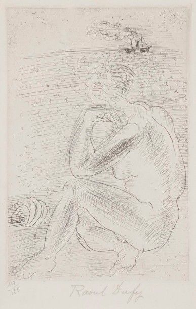 Raoul Dufy (1877-1953) Nu au bord de la mer auprès d’un coquillage, un vapeur au...