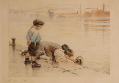 Géo (Jean-Jules-Henry Geoffroy, dit) (1853-1924) Garçonnets au bord de l’eau. Pointe...