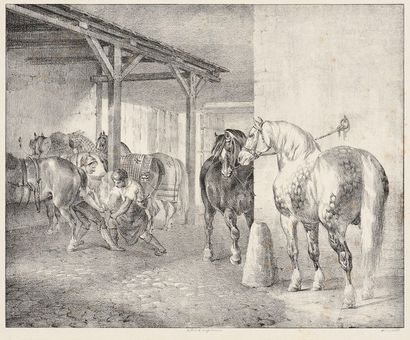 Théodore Géricault (1791-1824) Hangar du maréchal-ferrant. Lithographie. 253 x 204....