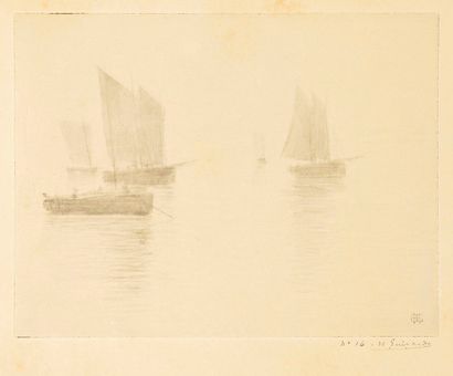 Henri Guérard (1847-1898) Bateaux dans le brouillard, ou Le Matin. 1876. Aquatinte....