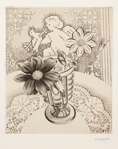 Kiyoshi Hasegawa (1891-1980) Dahlia (fond dentelle amour). 1932. Pointe sèche. 205 x 248....