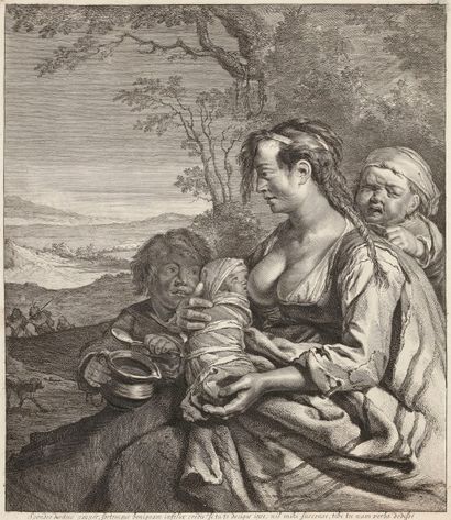 Cornelis II Visscher (1619-1658) Une bohémienne avec ses enfants. Eau-forte et burin....