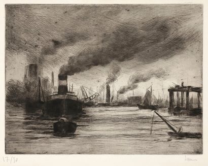 Maximilien LUCE (1858-1941) Port de Rotterdam, remorqueur. Vers 1890-1895. Pointe...