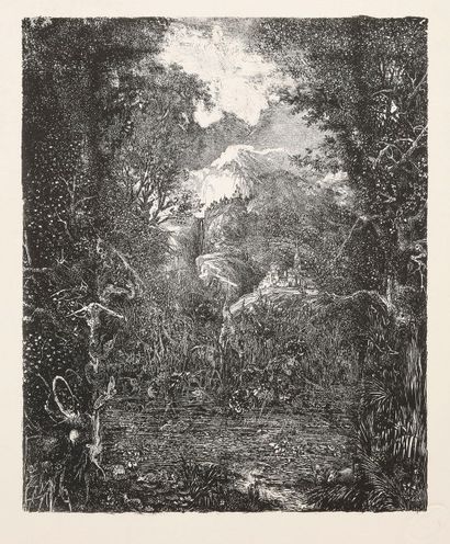 Rodolphe Bresdin (1822-1885) Les Villes derrière le marécage. 1868-1878. Lithographie....