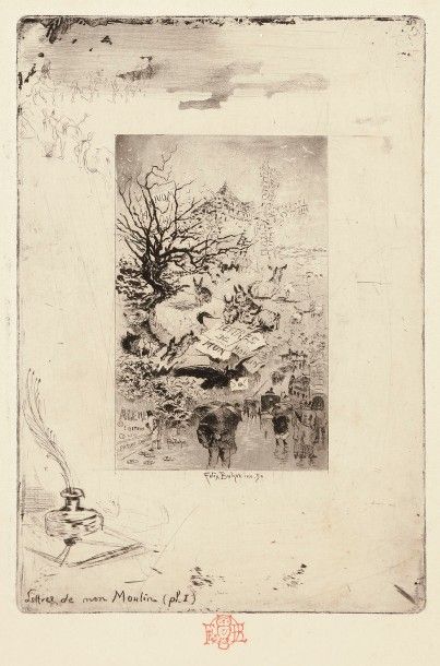 Félix Buhot (1847-1898) Titre pour « Lettres de mon Moulin ». Eau-forte, pointe sèche...