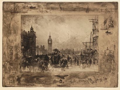 Félix Buhot (1847-1898) Westminster Bridge, ou Westminster Clock Tower. Eau-forte...