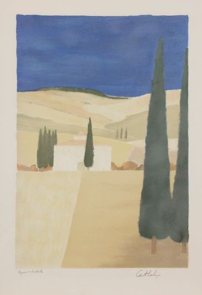 Bernard CATHELIN (1919-2004) Paysage au Cyprès
Lithographie.
Signée et annotée Épreuve...