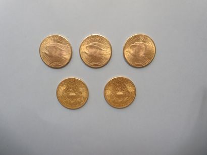null 5 pièces de 20 dollars en or dont 2 de type Liberty (1907) et 3 de type Saint...