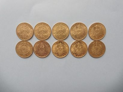 null 10 pièces de 20 Reich marks en or dont 5 de type Guillaume II (1890, 1894, 1901...
