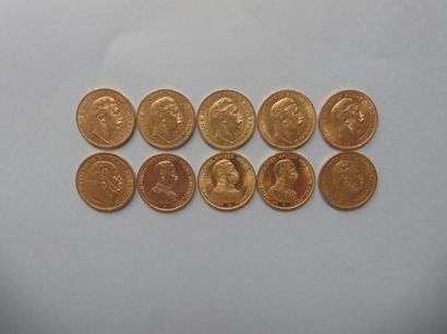null 10 pièces de 20 Reich marks en or dont 5 de type Guillaume II (1890, 1894, 1901...