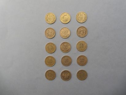 null 15 pièces étrangères en or dont 4 pièces de 20 francs belges Léopold Ier (2-...