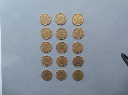 null 15 pièces de 20 francs en or de type au Génie de la République (1848, 1878 (2),...