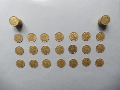null 50 pièces de 20 francs en or dont 43 de type Napoléon III tête nue (1852 (3),...