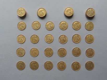 null 50 pièces de 20 francs en or dont 25 de type Napoléon III tête nue (1852 (3),...