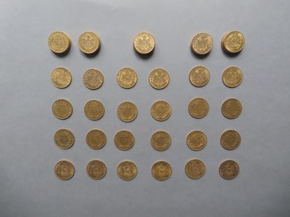 null 50 pièces de 20 francs en or dont 25 de type Napoléon III tête nue (1852 (2),...