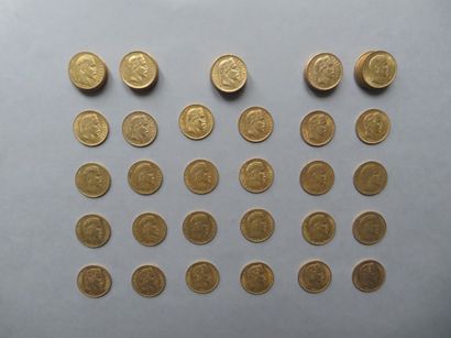 null 50 pièces de 20 francs en or dont 25 de type Napoléon III tête nue (1852 (2),...