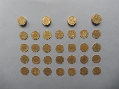 null 50 pièces de 20 francs en or dont 15 de type Napoléon III tête nue (1854 (2),...