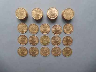 null 48 pièces de 20 francs en or dont 1 de type Napoléon III tête laurée (1867)...