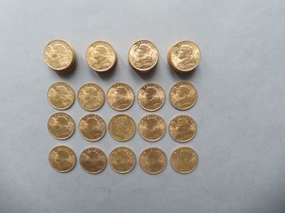 null 48 pièces de 20 francs en or dont 1 de type Napoléon III tête laurée (1867)...