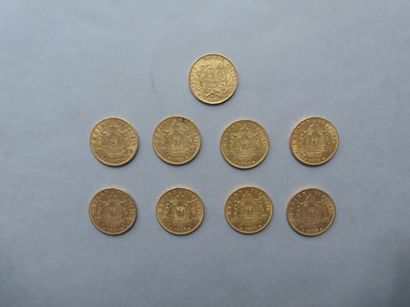 null 9 pièces de 20 francs en or dont 8 de type Napoléon III tête laurée (1863, 1864...