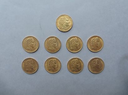null 9 pièces de 20 francs en or dont 8 de type Napoléon III tête laurée (1863, 1864...