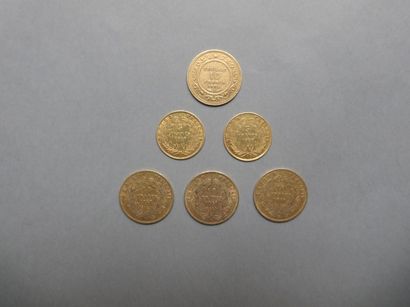 null Lot de 6 pièces en or dont 3 pièces de 10 francs de type Napoléon III tête nue...