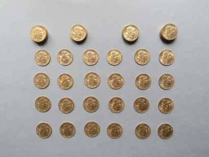 null 50 pièces de 20 francs en or de type au coq (1901, 1902, 1904 (7), 1906 (11),...