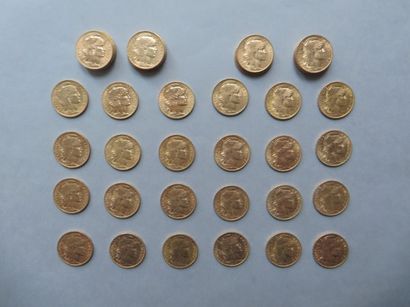 null 39 pièces de 20 francs en or de type au coq (1899, 1900, 1901 (3), 1902 (2),...