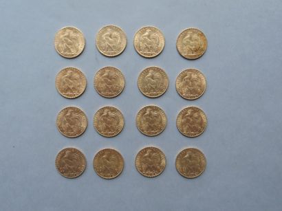 null 16 pièces de 20 francs en or de type au coq (1906, 1907 (5), 1908 (3), 1910,...