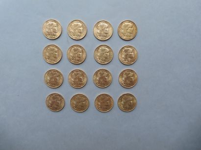 null 16 pièces de 20 francs en or de type au coq (1906, 1907 (5), 1908 (3), 1910,...