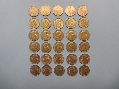 null 30 pièces de 20 francs en or dont : 1 de type Cérès (1851), 10 de type Napoléon...