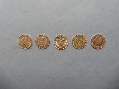 null 5 pièces de 20 francs en or dont 2 de type au coq (1903 et 1914), 1 de type...