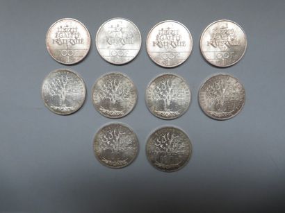 null 10 pièces de 100 francs en argent dont 6 de type Panthéons (1892 (5) et 1983)...