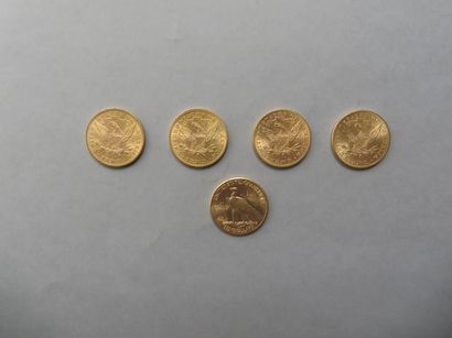 null 5 pièces de 10 dollars en or dont 4 de type Liberty (1893 (2), 1899 (2)) et...