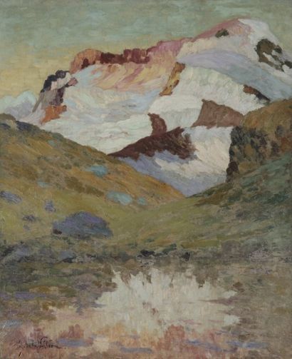 Emmanuel de la VILLÉON (1858-1944) Le Glacier Castor et Pollux, 1897
Huile sur toile.
Signée...