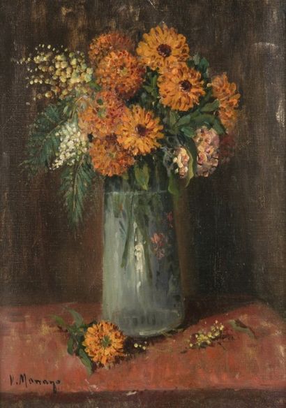 Vincent MANAGO (1880-1936) Bouquet de soucis
Huile sur toile.
Signée en bas à gauche.
(Restauration)
46...