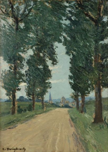 Alfred SWIEYKOWSKI (1869-1953) Route bordée d’arbres
Huile sur carton.
Signée en...