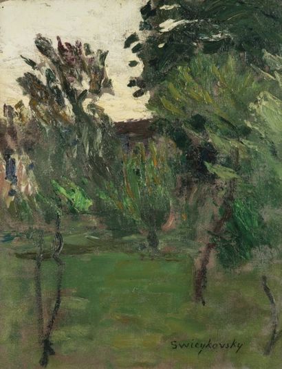 Alfred SWIEYKOWSKI (1869-1953) Le Jardin
Huile sur toile.
Signée en bas à droite.
41...