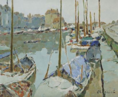 Alfred CHAGNIOT (1905-1991) Voiliers dans le port de Honfleur
Huile sur toile.
Signée...