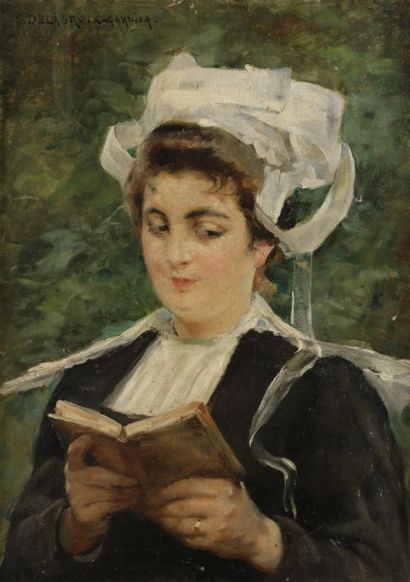 Pauline DELACROIX-GARNIER (1863-1912) 
Portrait de bretonne en coiffe
Huile sur toile.
Signée...