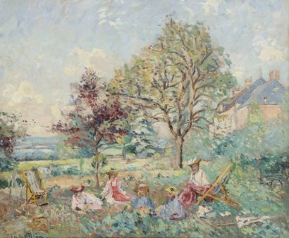 Emmanuel de la VILLÉON (1858-1944) Nièvre, en famille à Salvar, 1910
Huile sur toile.
Signée...
