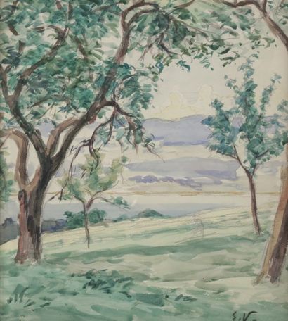 Emmanuel de la VILLÉON (1858-1944) Le Lac derrière le pommier, environ 1910
Aquarelle...