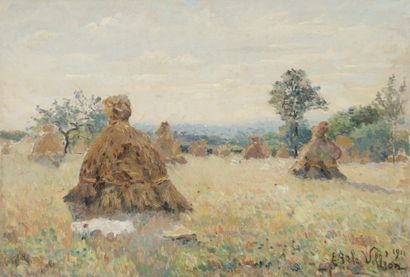 Emmanuel de la VILLÉON (1858-1944) Moisson dans les Pataudes, 1911
Huile sur toile.
Signée...