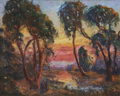 Emmanuel de la VILLÉON (1858-1944) Coucher de soleil, 1920
Huile sur panneau.
Signée...