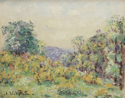 Emmanuel de la VILLÉON (1858-1944) Etude de genêts fleuris, 1930
Huile sur panneau.
Signée...