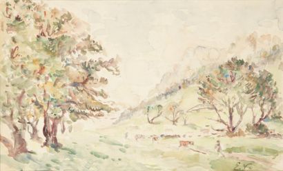Emmanuel de la VILLÉON (1858-1944) Paysage de montagne, environ 1933
Aquarelle.
Monogrammée...
