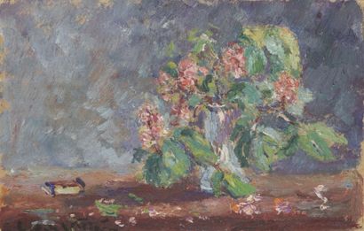 Emmanuel de la VILLÉON (1858-1944) Bouquet dans un vase
Huile sur carton.
Signée...