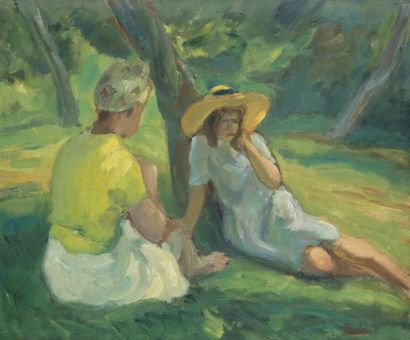 Léonard BORDES (1898-1969) Filles du peintre à l’ombre
Huile sur toile.
Signée en...